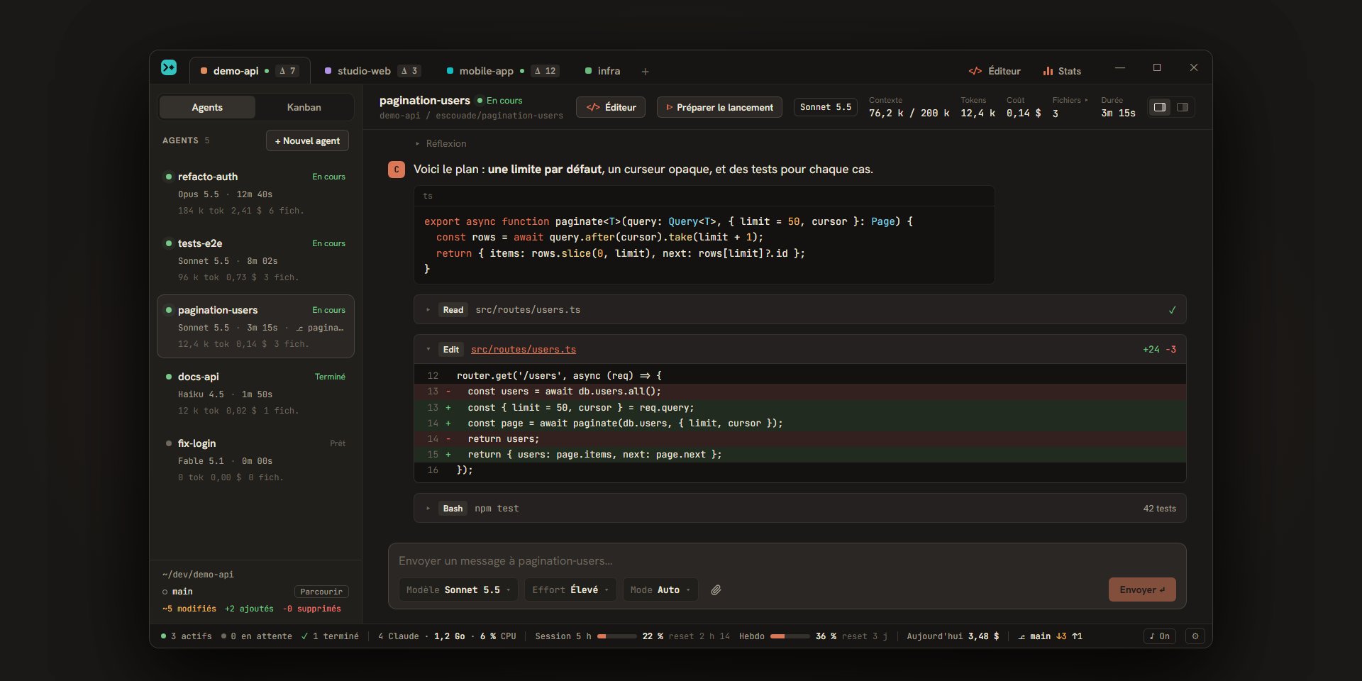 Une conversation : réponse de Claude en markdown, appel d’outil déplié sur son diff