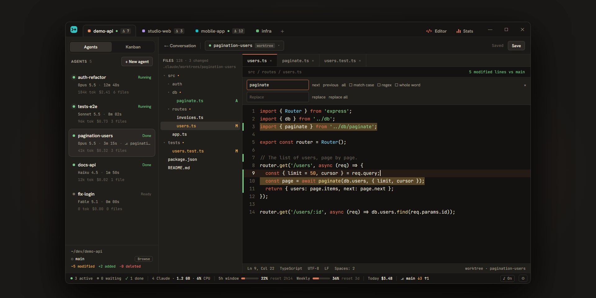 The built-in editor: the worktree’s file tree, tabs and the code with its changed lines