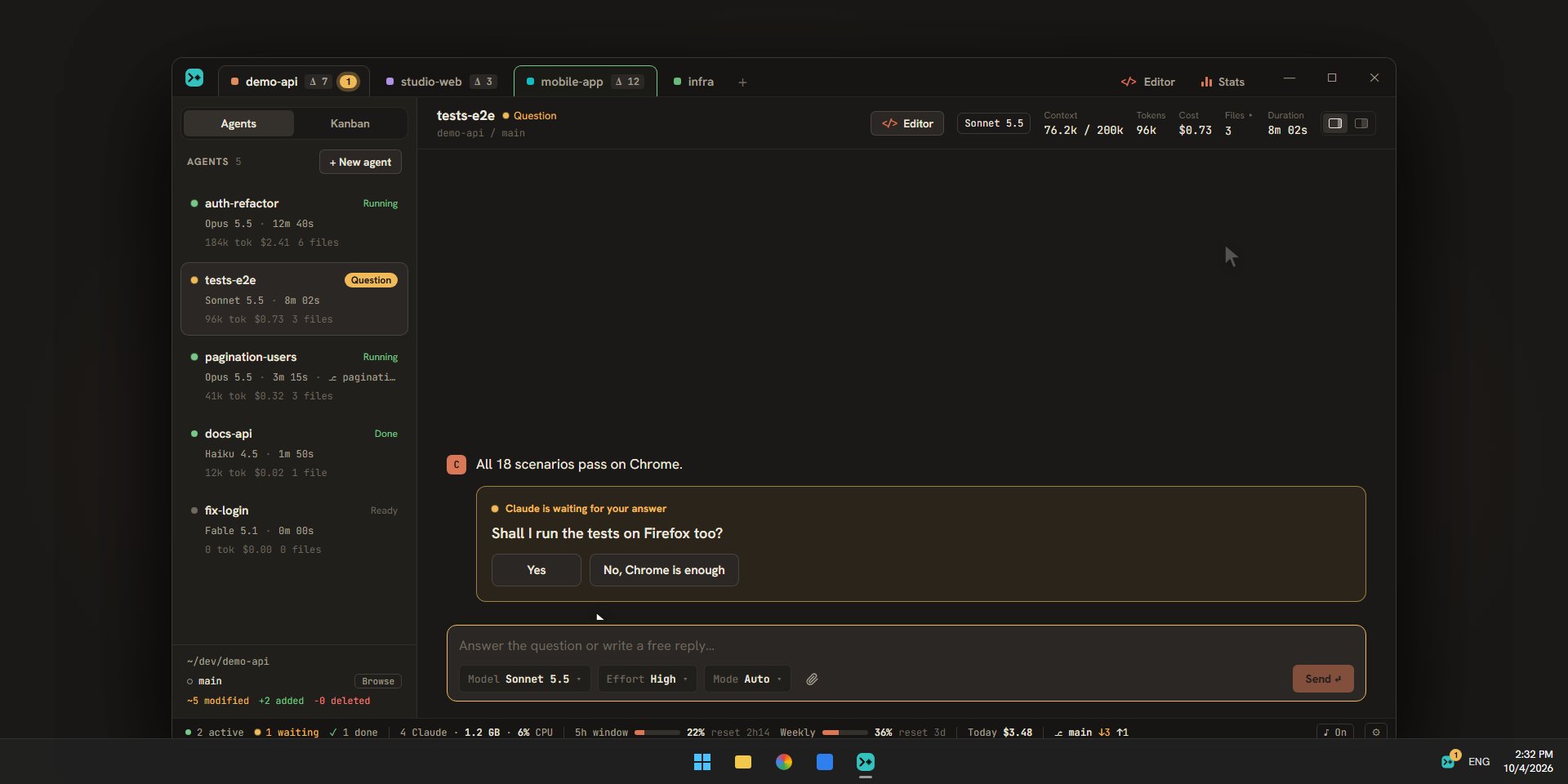 An agent waiting for an answer, its question and its card in the sidebar