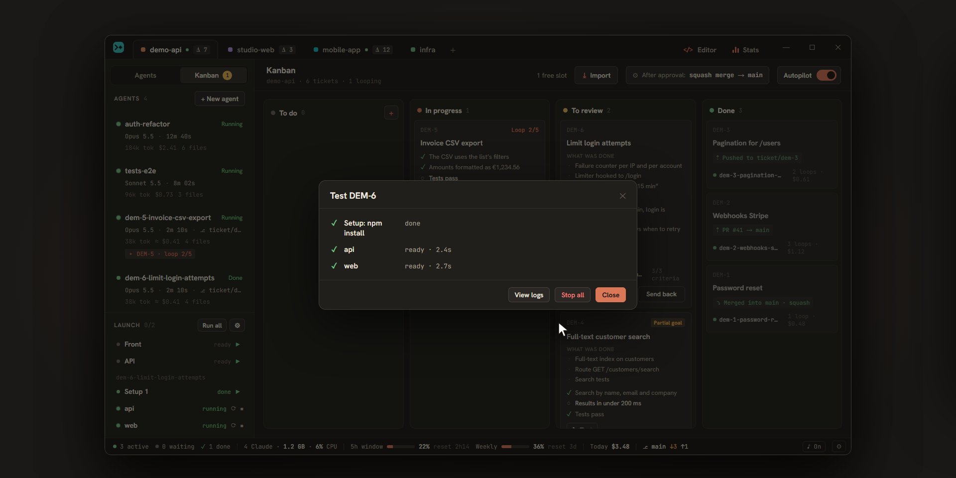 The “Test DEM-6” window: preparation, servers ready and address opened in the browser